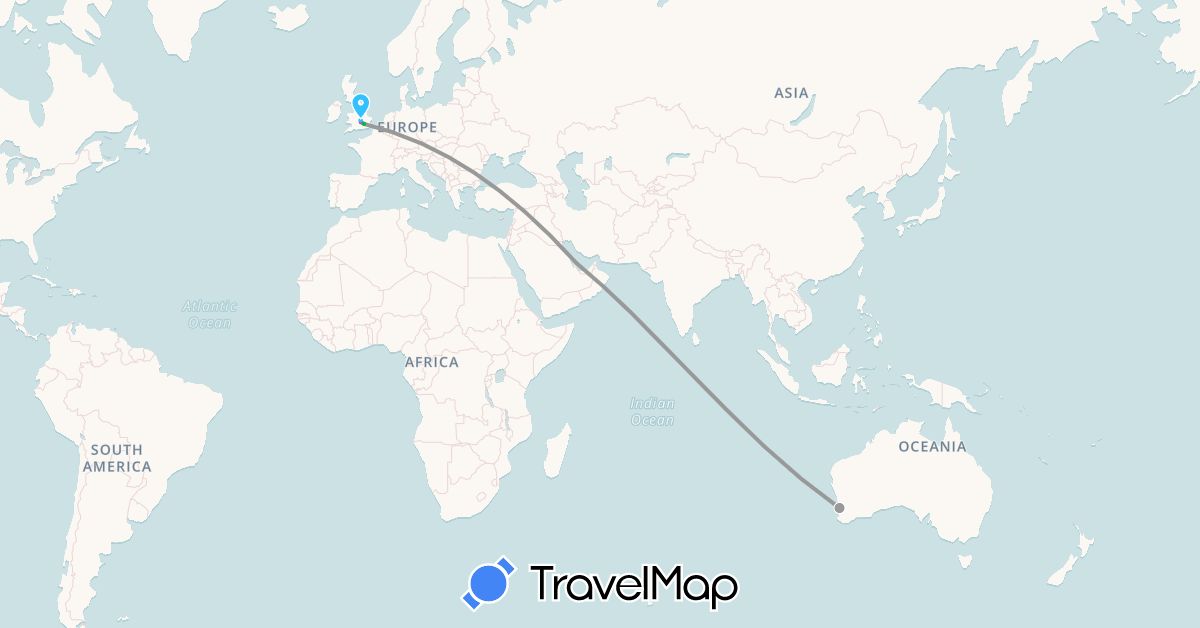 TravelMap itinerary: driving, bus, plane, train, boat in Australia, United Kingdom, Qatar (Asia, Europe, Oceania)